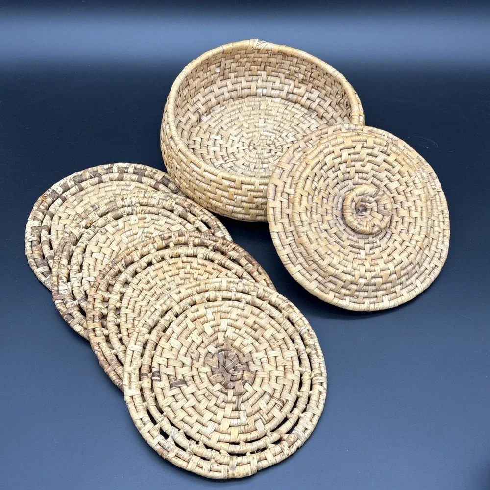 Vintage Handmade Coiled Sweetgrass Coaster Trivet Set 6 Pc Woven Holder Bowl